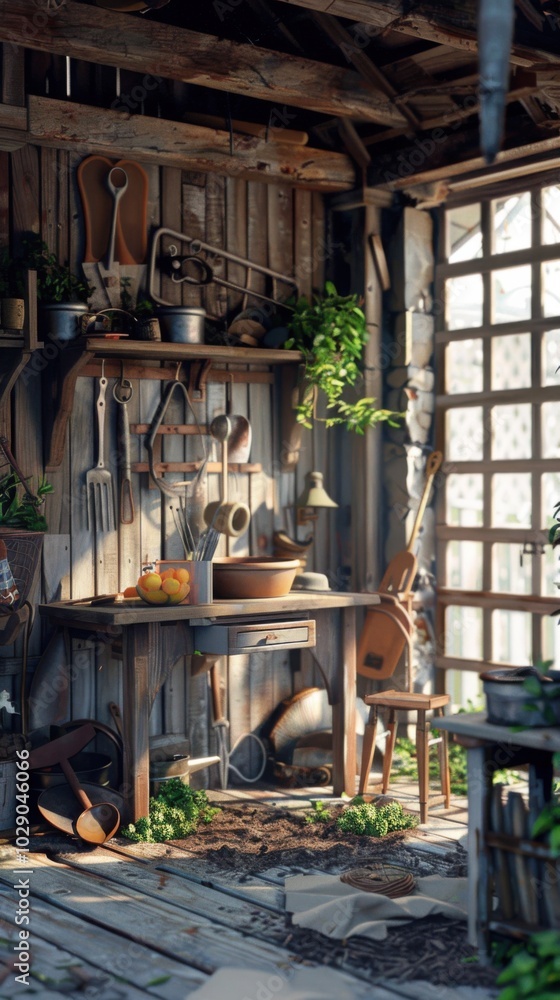 Garden tools in the shed, 4K hyperrealistic photo Garden tools in the shed, 4K hyperrealistic photo