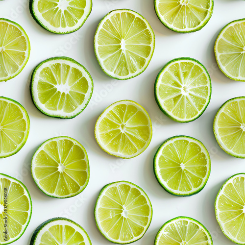 Green slices of ripe lime on white background. Geometric seamless pattern for print, textile, fabric and wallpaper. Good harvest, exotic fruits