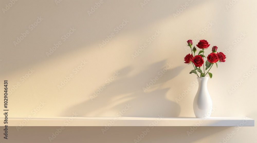 Naklejka premium Red Roses in a White Vase on a White Shelf Against a Beige Wall