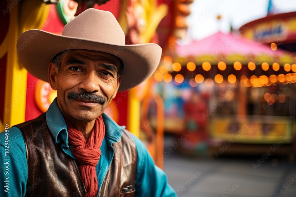 Portrait of a content indian man in his 50s wearing a rugged cowboy hat isolated on vibrant amusement park Portrait of a content indian man in his 50s wearing a rugged cowboy hat isolated on vibrant amusement park