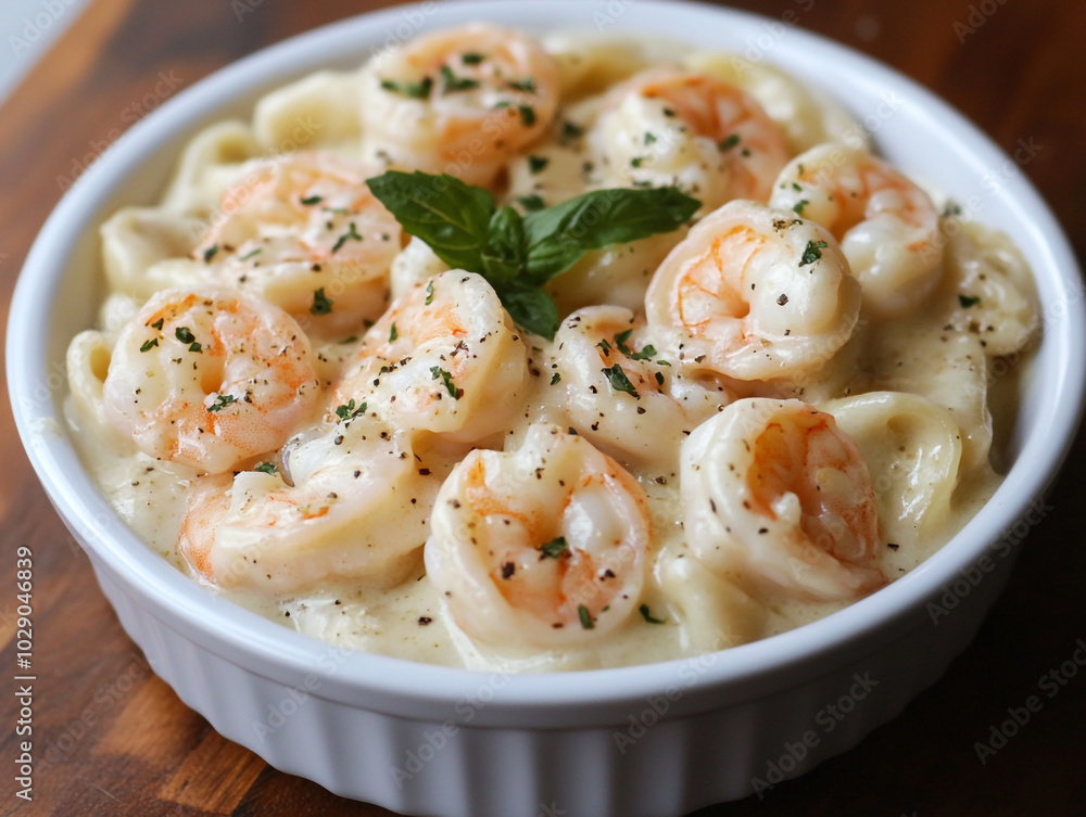 A mouthwatering plate of Shrimp Tortellini Alfredo, featuring tender shrimp tossed in a creamy, cheesy alfredo sauce with delicate tortellini pasta. A mouthwatering plate of Shrimp Tortellini Alfredo, featuring tender shrimp tossed in a creamy, cheesy alfredo sauce with delicate tortellini pasta.