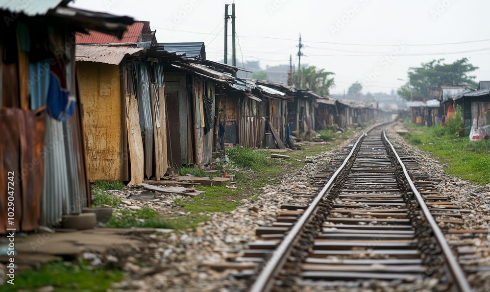 Train tracks through shantytown. Train tracks through shantytown.