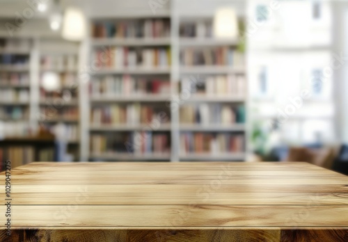A wooden table in a blurred, colorful library setting with natural light.