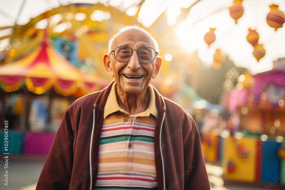Portrait of a smiling indian elderly man in his 90s dressed in a comfy fleece pullover isolated in vibrant amusement park Portrait of a smiling indian elderly man in his 90s dressed in a comfy fleece pullover isolated in vibrant amusement park