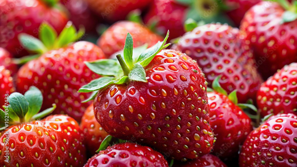 A pile of fresh strawberries with water droplets on their surface, with soft natural lighting highlighting their redness. A pile of fresh strawberries with water droplets on their surface, with soft natural lighting highlighting their redness.
