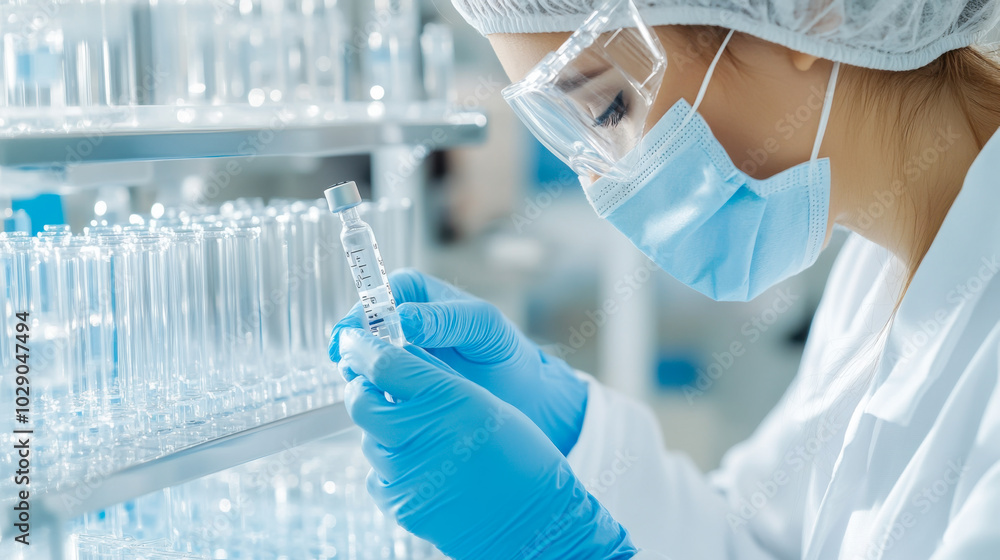 Fototapeta premium A scientist in a laboratory examines samples under a microscope while wearing protective gear during the day