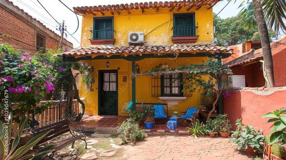 Obraz premium A vibrant yellow house with rustic charm stands adorned with lush greenery and colorful flowers, nestled in a quaint courtyard with serene seating