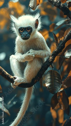 A fluffy, white monkey sits on a branch surrounded by autumn leaves, exuding curiosity.