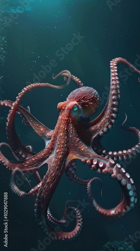 Giant octopus in the deep ocean, 4K hyperrealistic photo