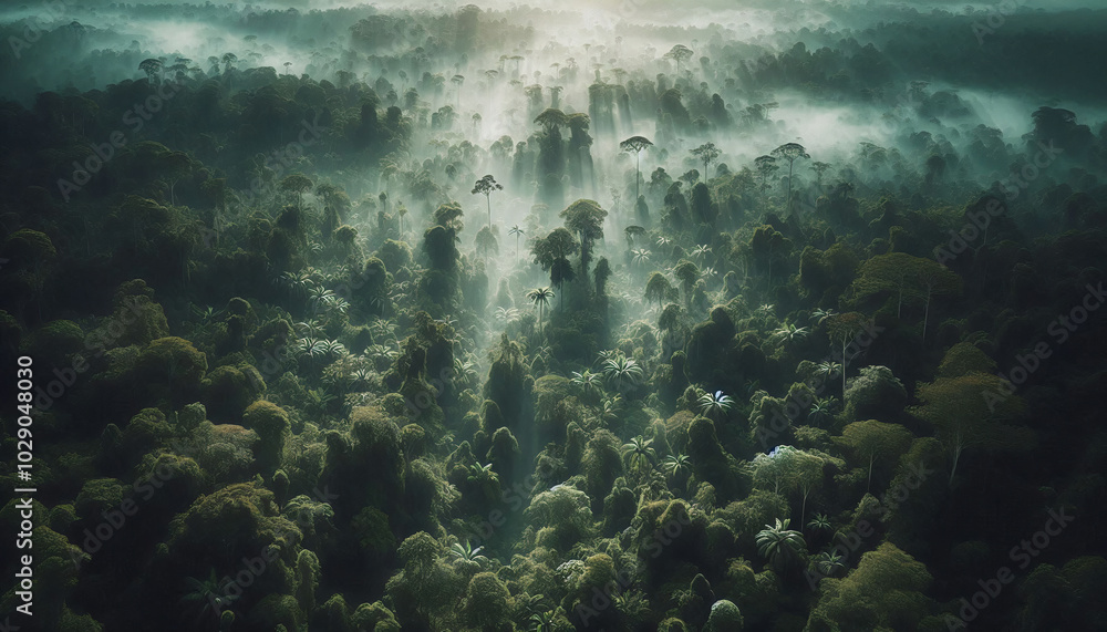 Obraz premium Lush rainforest covered in morning mist, with sun rays filtering through the dense canopy, creating a mystical and serene atmosphere