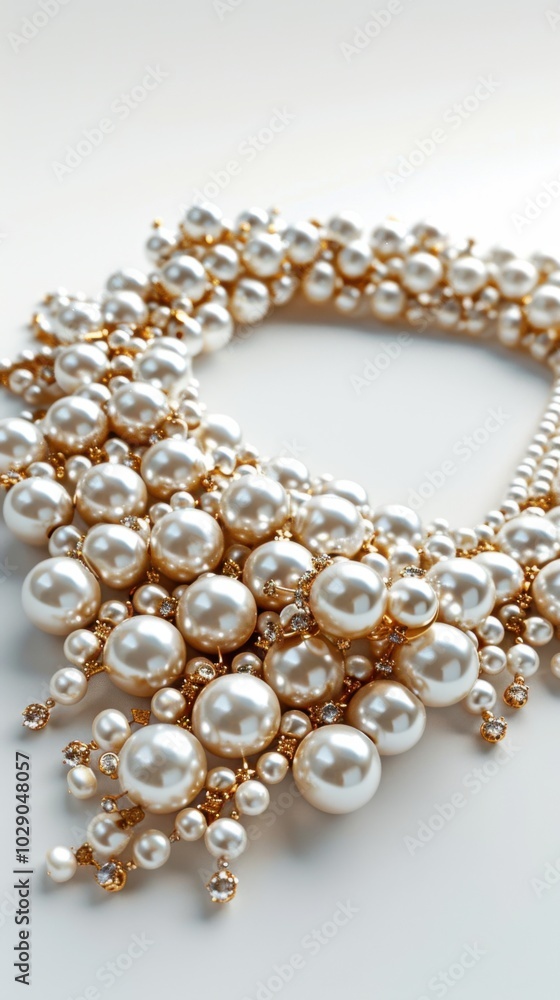 Obraz premium Elegant pearl necklace, white background, 4K hyperrealistic photo