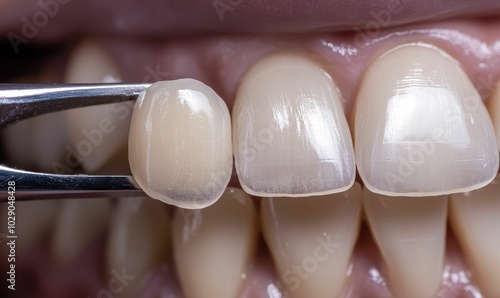 Dental crown being placed on tooth. photo