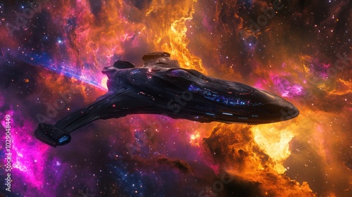 Futuristic Spaceship Navigating Through a Colorful Nebula photo