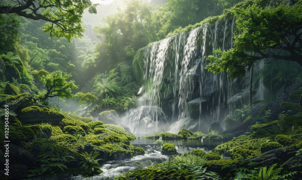 Majestic waterfall in a lush valley, 4K hyperrealistic photo Majestic waterfall in a lush valley, 4K hyperrealistic photo