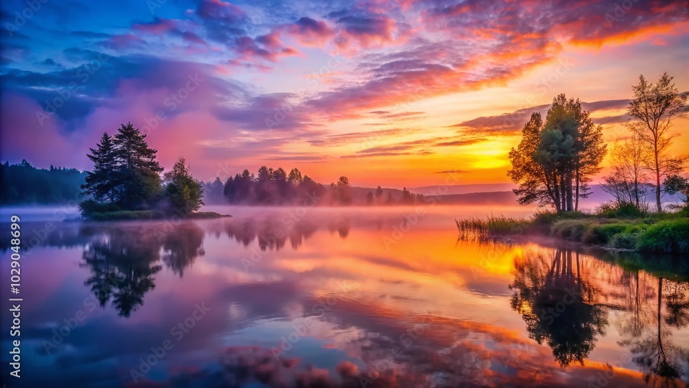 Misty Sunset Over Tranquil Lake - Captivating Night Photography for Nature Lovers Misty Sunset Over Tranquil Lake - Captivating Night Photography for Nature Lovers