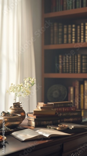 An empty scene featuring a collection of Kannada literature books arranged neatly on a shelf with traditional decor in the background, creating an ideal 