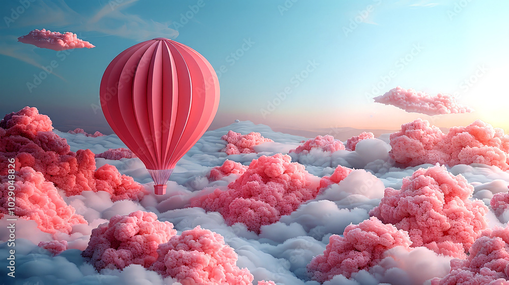 Hot air balloon ascending over pink clouds.A hot air balloon ascends over a dreamy landscape of pink clouds at a peaceful dawn. Hot air balloon ascending over pink clouds.A hot air balloon ascends over a dreamy landscape of pink clouds at a peaceful dawn.