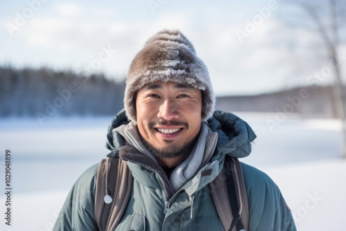 Portrait of a grinning asian man in his 40s dressed in a warm ski hat over backdrop of a frozen winter lake