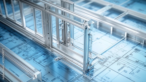 Aluminum Frames and Blueprint Background, Detailed Cross-Section of PVC and Metal Windows and Doors in Silver, 3D Illustration of Architectural Design Elements