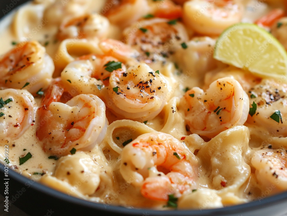 A mouthwatering plate of Shrimp Tortellini Alfredo, featuring tender shrimp tossed in a creamy, cheesy alfredo sauce with delicate tortellini pasta. A mouthwatering plate of Shrimp Tortellini Alfredo, featuring tender shrimp tossed in a creamy, cheesy alfredo sauce with delicate tortellini pasta.