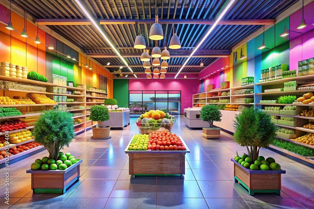Modern 3D Render of Supermarket Interior Design with Fashion Photography Elements Modern 3D Render of Supermarket Interior Design with Fashion Photography Elements