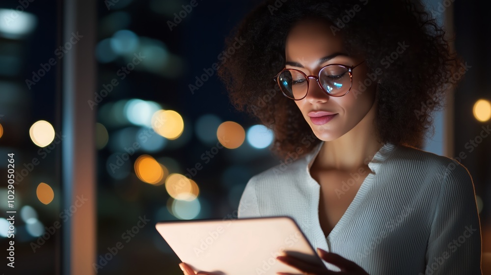 Young woman in glasses using a tablet while looking out at city lights at night in a modern urban environment Young woman in glasses using a tablet while looking out at city lights at night in a modern urban environment