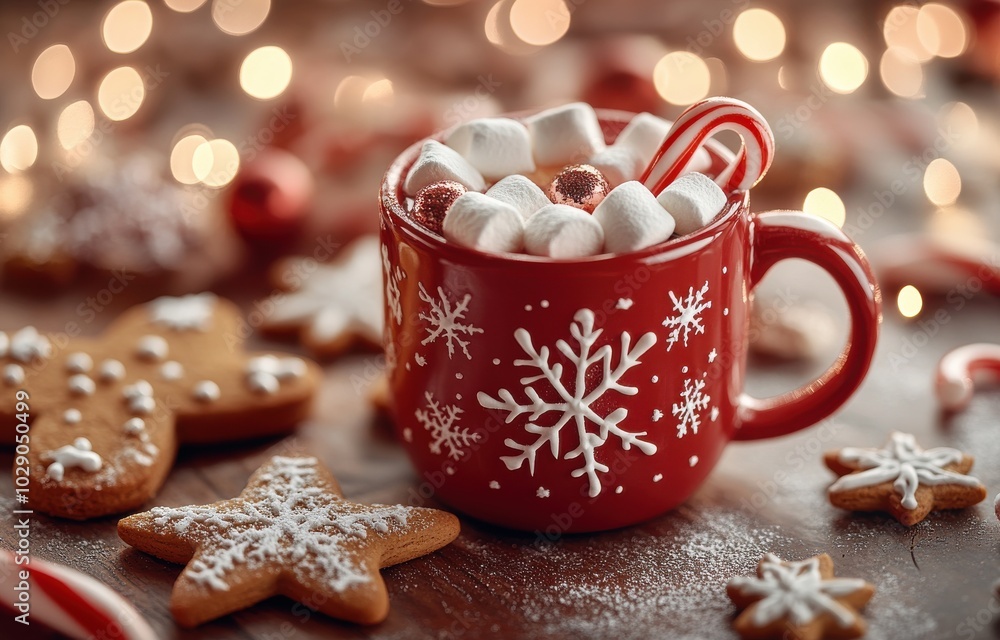 Festive red mug filled with marshmallows and candy canes on a cozy holiday table with gingerbread cookies and sparkly fairy lights Festive red mug filled with marshmallows and candy canes on a cozy holiday table with gingerbread cookies and sparkly fairy lights