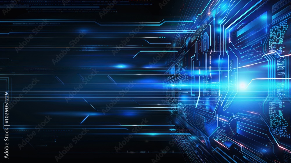Digital technology circuit background with blue light effects and futuristic lines. Concept of data transmission, networking, and high-tech communication. Digital technology circuit background with blue light effects and futuristic lines. Concept of data transmission, networking, and high-tech communication.