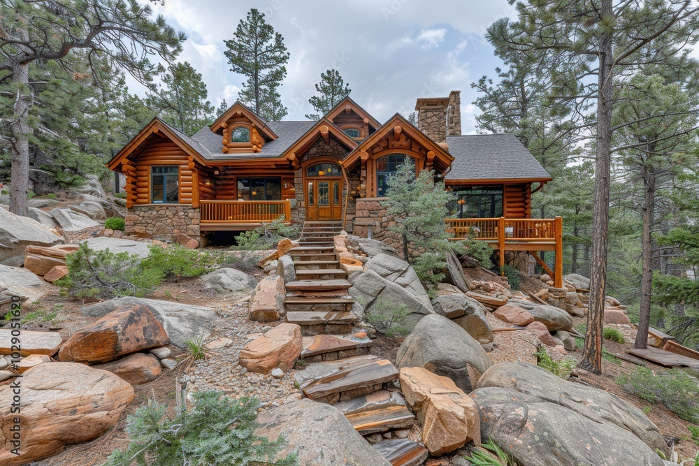 Obraz premium A charming rustic log cabin nested among towering pine trees and rugged boulders, blending seamlessly into the natural mountainous landscape with a wooden stairway leading to the inviting entrance
