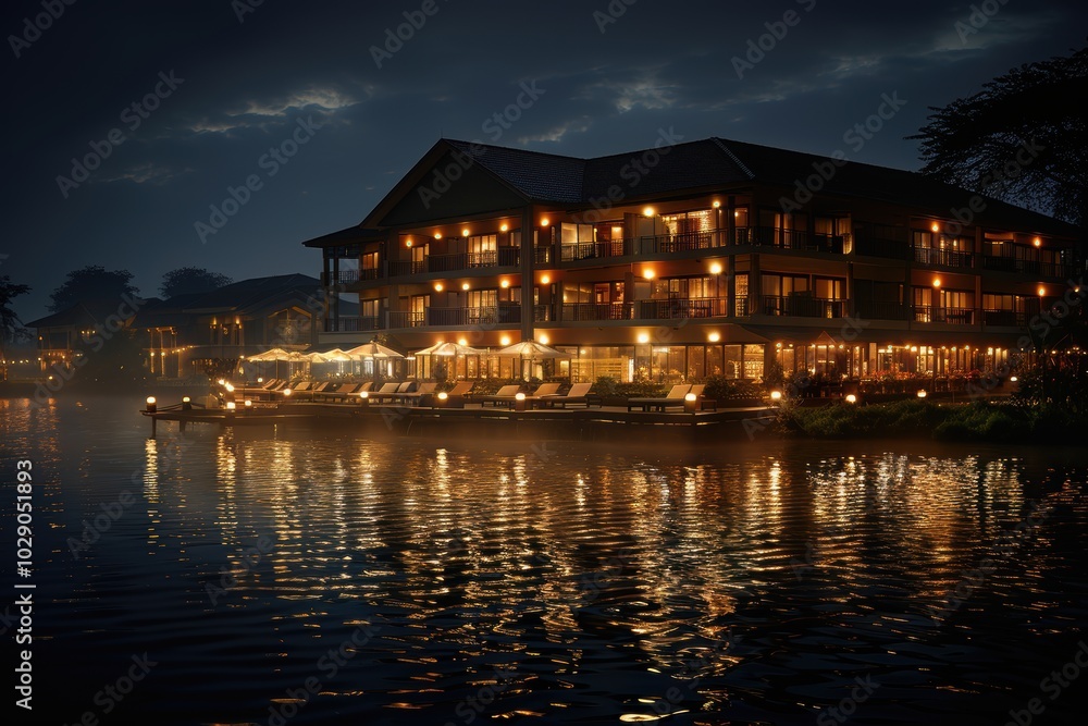 Naklejka premium A stunning nighttime view captures the enchanting allure of a beautifully illuminated lakeside hotel, reflecting shimmering lights on calm waters during a tranquil evening