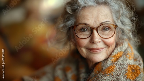 Elderly woman with curly gray hair and glasses smiling warmly in a cozy kitchen environment Generative AI