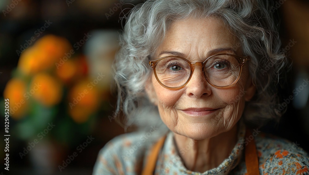 Elderly woman with curly gray hair and glasses smiling warmly in a cozy kitchen environment Generative AI Elderly woman with curly gray hair and glasses smiling warmly in a cozy kitchen environment Generative AI