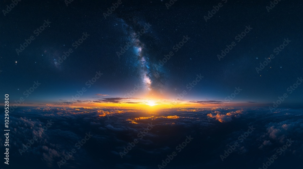 Fototapeta premium Dark Blue Sky with Milky Way, Stars and Sunset, a seamless panorama ideal for immersive game environments, showcasing a stunning cosmic scene perfect for atmospheric backgrounds.