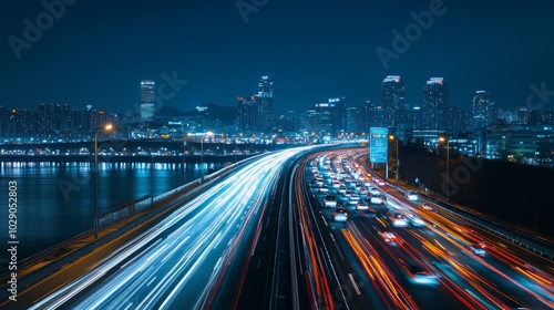 A long exposure shot of a highway at night with streaking car lights in the foreground and a city skyline in the background.