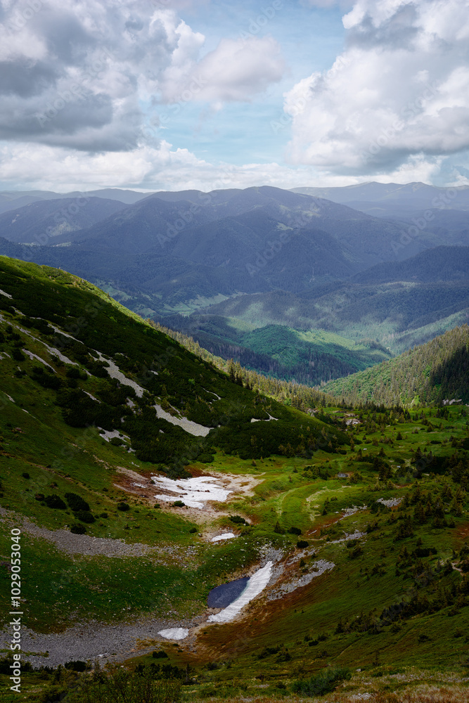 Fototapeta premium Beautiful mountains landscape with green hills. Carpathians, Ukraine.
