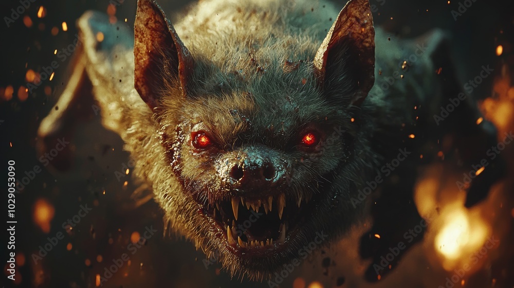 Obraz premium Fiery Monster Bat With Red Eyes And Sharp Teeth