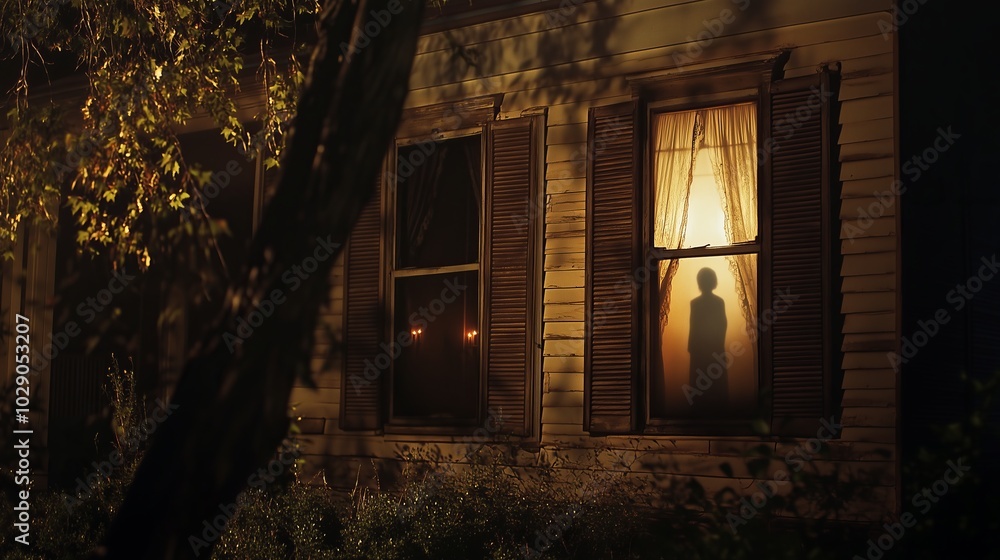 Ominous scene with a house at night. Through the window you can see the silhouette of a figure standing behind the curtains. The lighting creates a mystical and frightening atmosphere. Ominous scene with a house at night. Through the window you can see the silhouette of a figure standing behind the curtains. The lighting creates a mystical and frightening atmosphere.