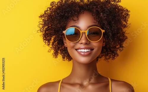 Smiling woman with curly hair wearing yellow sunglasses and a matching top, standing against a vibrant yellow wall Generative AI