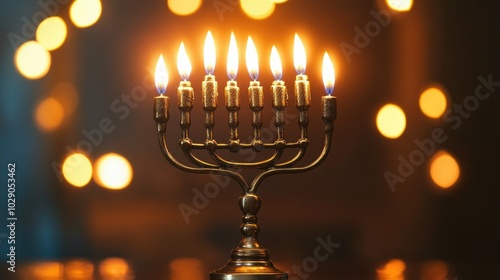 Captivating image of a menorah lit for Hanukkah, symbolizing hope and light, set against a background filled with joyful Hanukkah decorations.