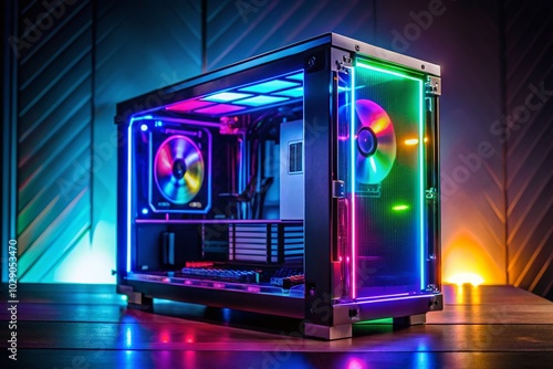 Modern Gaming Computer with RGB Lights in Dark Setting - Long Exposure Photography photo