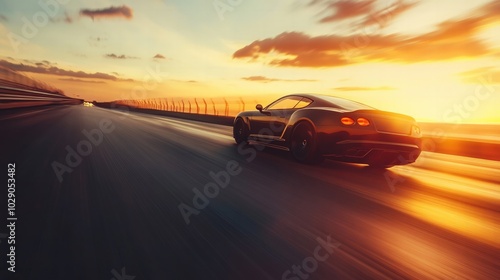 Sleek luxury car driving on an open highway, sunset in the background. Capturing speed, freedom, and adventure with cinematic tones