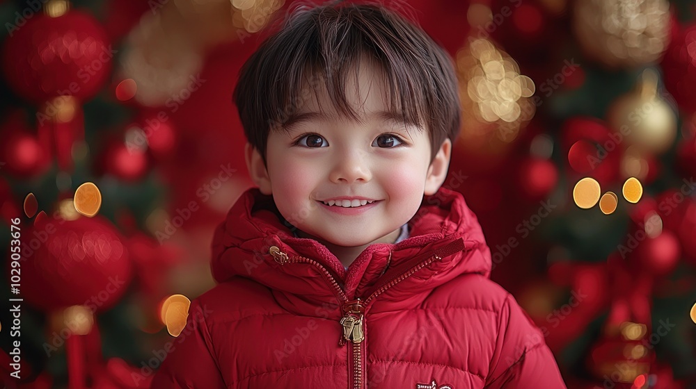 Smiling child in red winter jacket in front of Christmas decorations with festive bokeh Generative AI Smiling child in red winter jacket in front of Christmas decorations with festive bokeh Generative AI
