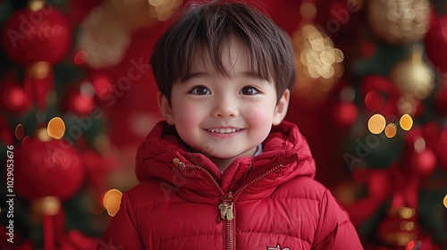 Smiling child in red winter jacket in front of Christmas decorations with festive bokeh Generative AI