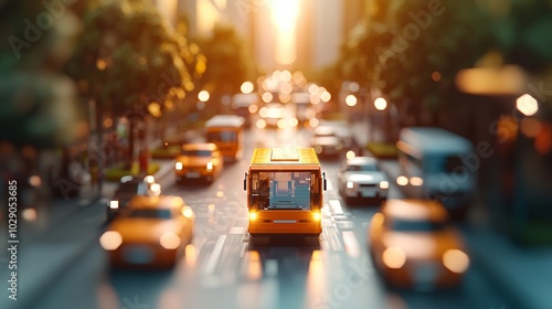 A vibrant city street scene featuring traffic, with an orange bus in focus, illuminated by warm sunset hues.