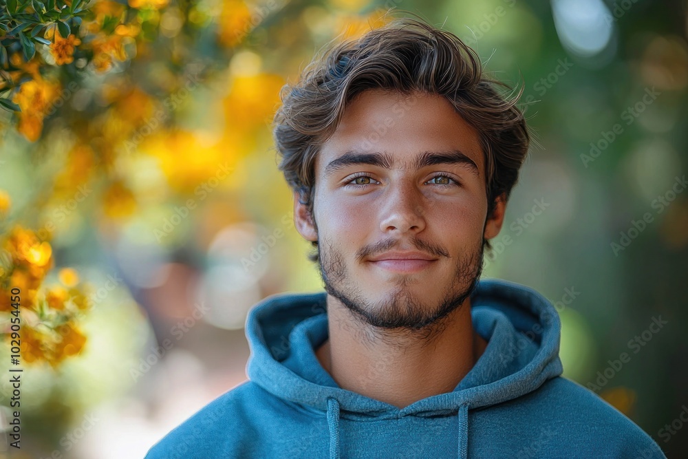 Smiling young man with light beard in blue hoodie standing outdoors with yellow flowers in the background Generative AI