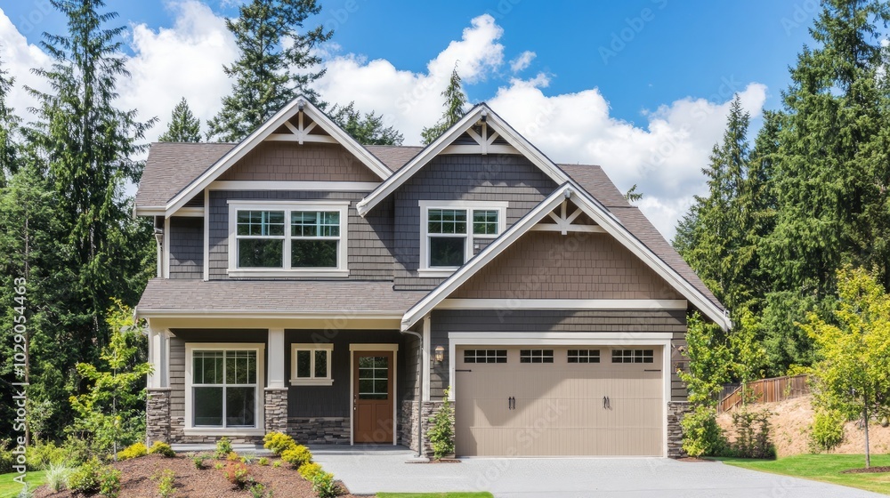 Charming contemporary residence featuring a spacious two-car garage, inviting covered porch, vibrant landscaping, basking in the warmth of a sunny day. Charming contemporary residence featuring a spacious two-car garage, inviting covered porch, vibrant landscaping, basking in the warmth of a sunny day.