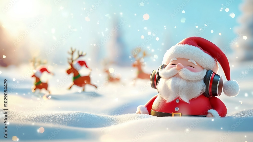 Cheerful Santa Claus enjoys music in a snowy landscape with reindeer. Perfect for holiday themes and festive illustrations. Cheerful Santa Claus enjoys music in a snowy landscape with reindeer. Perfect for holiday themes and festive illustrations.