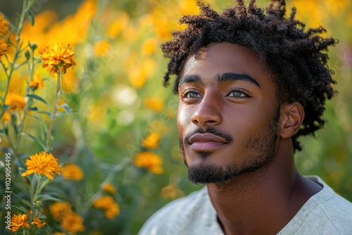 Young man with a beard and curly hair surrounded by yellow flowers in a sunlit field Generative AI