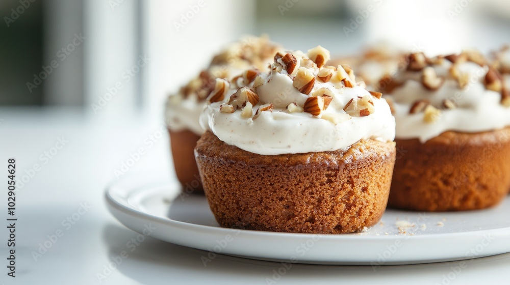 Close-up of a fluffy vegan carrot muffin garnished with chopped nuts and creamy frosting on a pristine white plate, perfect for a healthy dessert concept. Close-up of a fluffy vegan carrot muffin garnished with chopped nuts and creamy frosting on a pristine white plate, perfect for a healthy dessert concept.