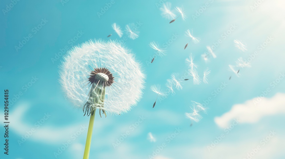 Fototapeta premium A dandelion with seeds blowing in the wind against a blue sky with clouds.